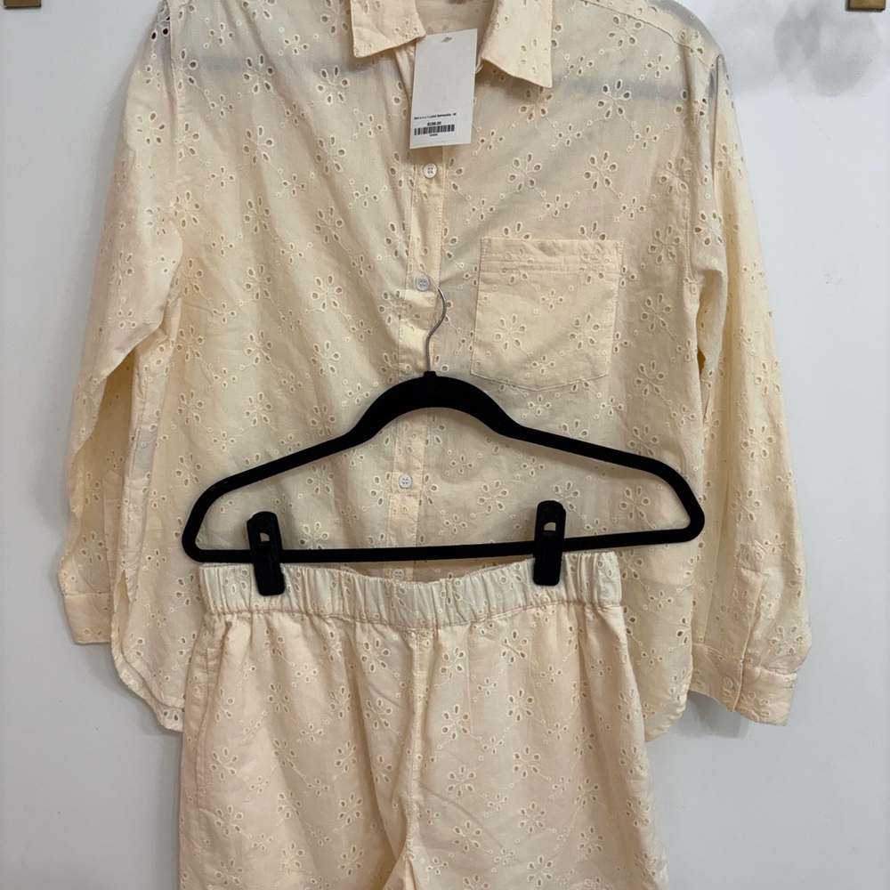 Women's Cream Eyelet Button-Down Shirt and Shorts Set